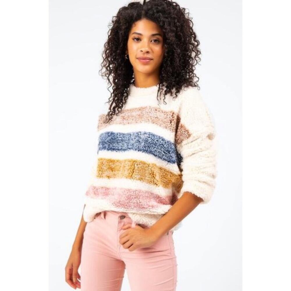 Harper Heritage Cream Raely Sherpa Color Block Stripe Pullover Large